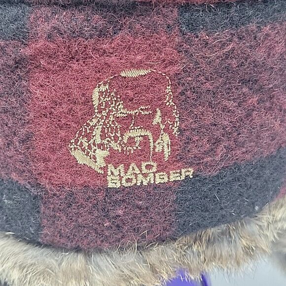 Mad Bomber Buffalo Plaid Red Black Wool Blend Trapper Hat Rabbit Fur Trim L - Picture 5 of 9